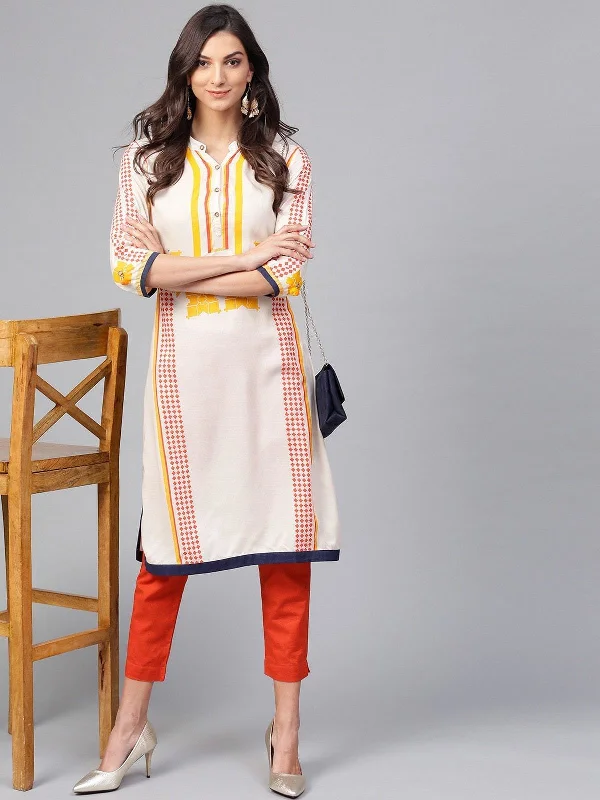 Soft Fabrics Women's Off-White Placement Printed Kurta - Pannkh