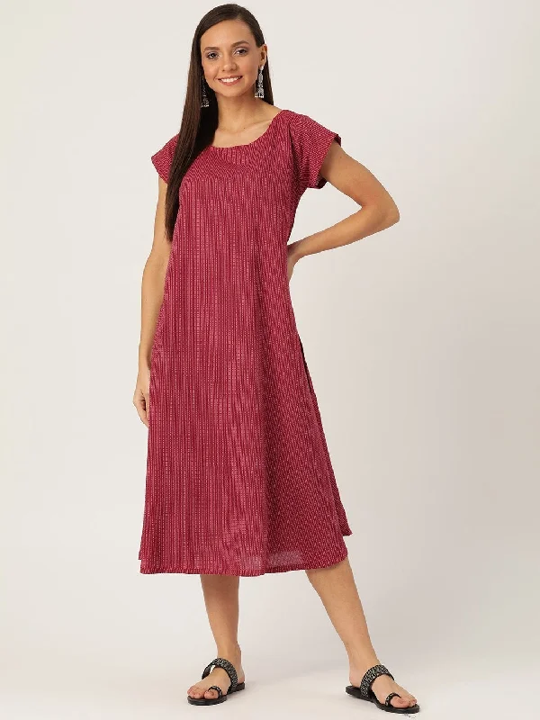 Casual Wear Women's Maroon Kantha A Line Dress - InWeave
