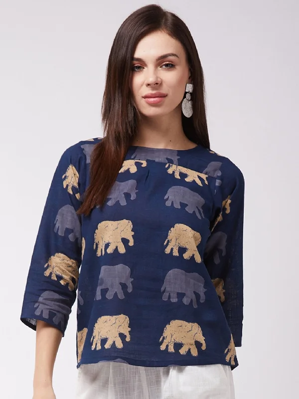 Cozy Shirts Women's Elephant Print Blue Top - InWeave