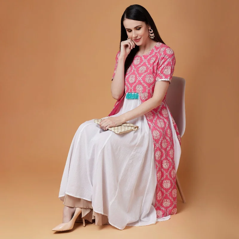 Cozy Vibes Women's Pink Lotus Inspired Front Open Printed Kurta With Tassels - Pannkh