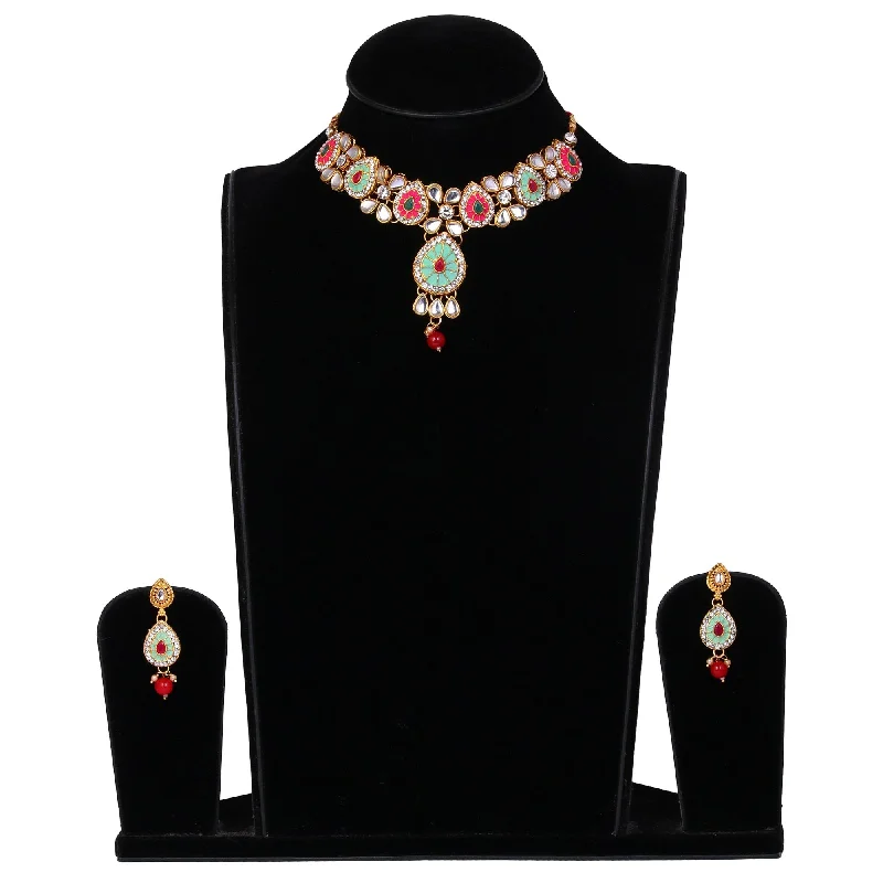Smart Comfort Women's Multi Colour Necklace And Earrings With Stone And Pearl Work - Tehzeeb Smart Comfort Women's Multi Colour Necklace And Earrings With Stone And Pearl Work - Tehzeeb