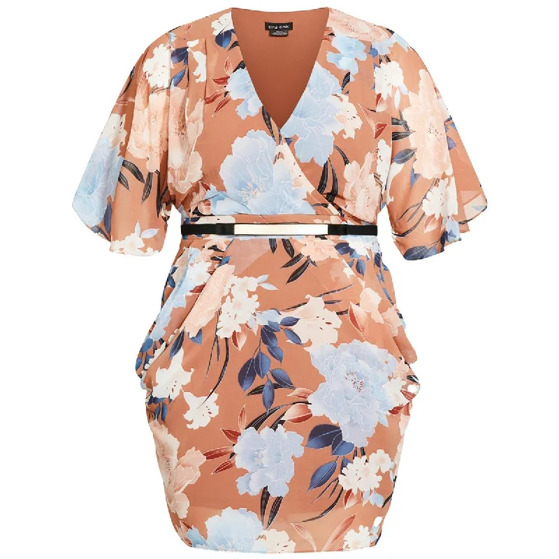 Breezy Style City Chic Womens Plus Floral Print V Neck Midi Dress