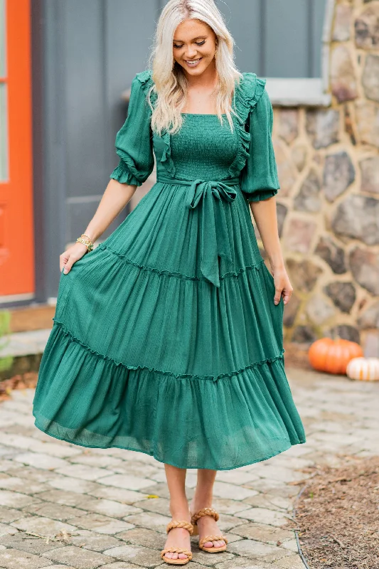 Effortless Dressing Feel Your Love Hunter Green Ruffled Midi Dress