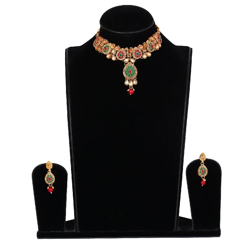 Easygoing Style Women's Golden Plated Multi Colour Necklace With Earring And Tika - Tehzeeb Easygoing Style Women's Golden Plated Multi Colour Necklace With Earring And Tika - Tehzeeb