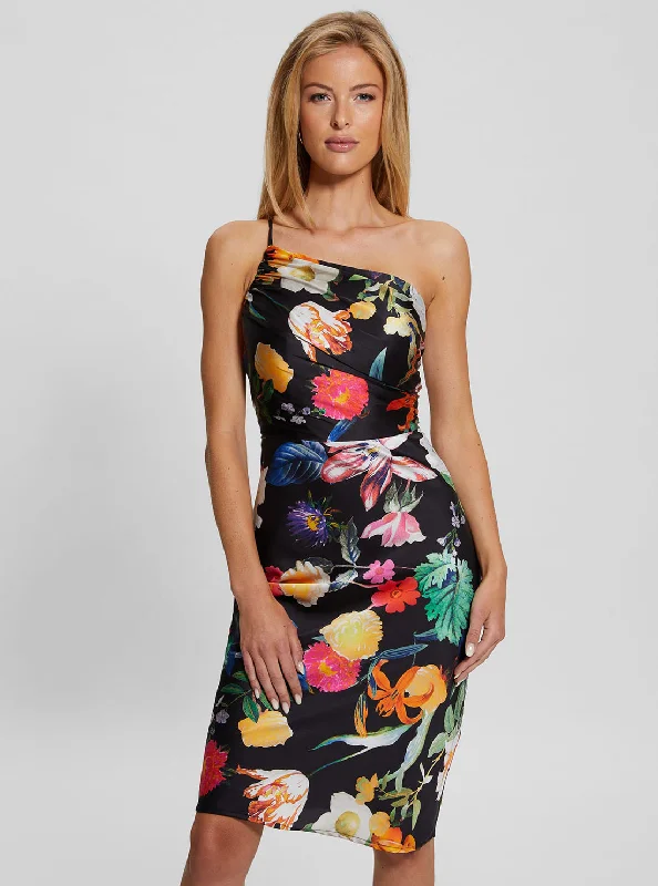 Elegant Comfort Black Floral Cindy One Shoulder Midi Dress