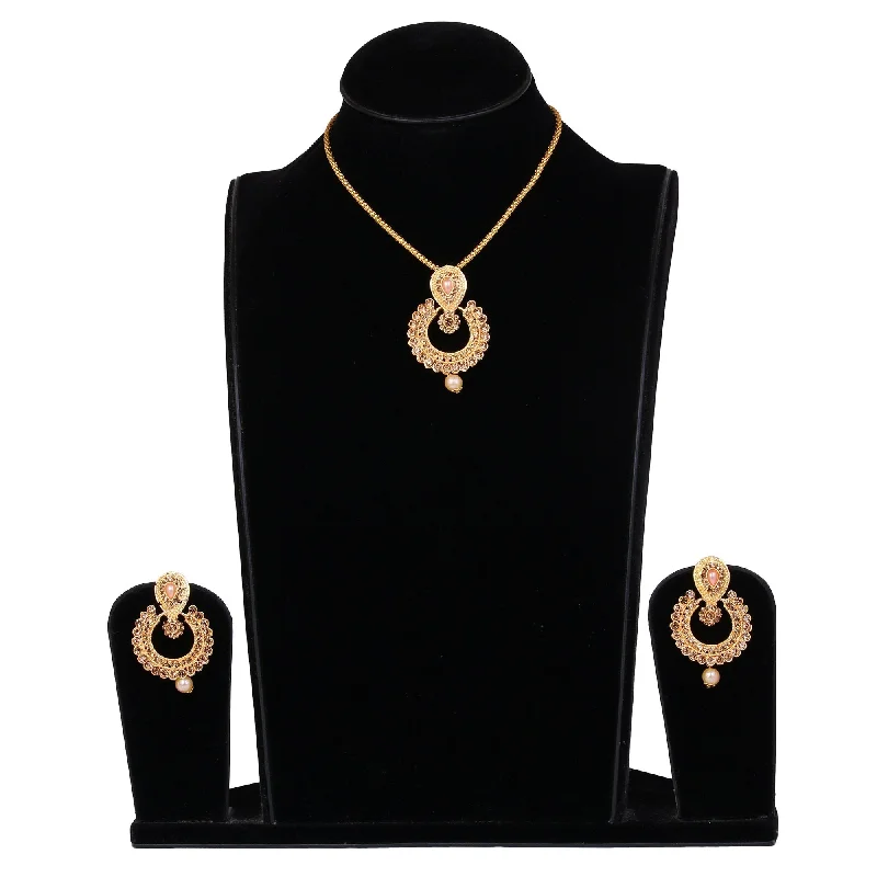 Casual Elegance Women's Stone Studded Chain Pendent And Earrings With Pearl - Tehzeeb Casual Elegance Women's Stone Studded Chain Pendent And Earrings With Pearl - Tehzeeb