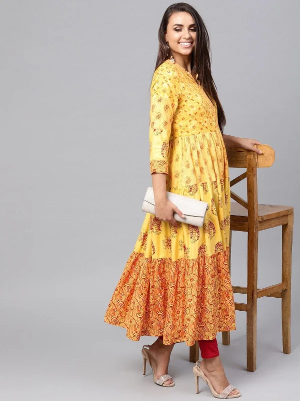 Free Design Women's Tribal Print Flared Tiered  Kurta - Pannkh