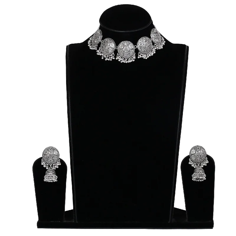 Basic Comfort Women's German Silver Oxidized Nacklace And Earrings With Ghungru Style - Tehzeeb Basic Comfort Women's German Silver Oxidized Nacklace And Earrings With Ghungru Style - Tehzeeb