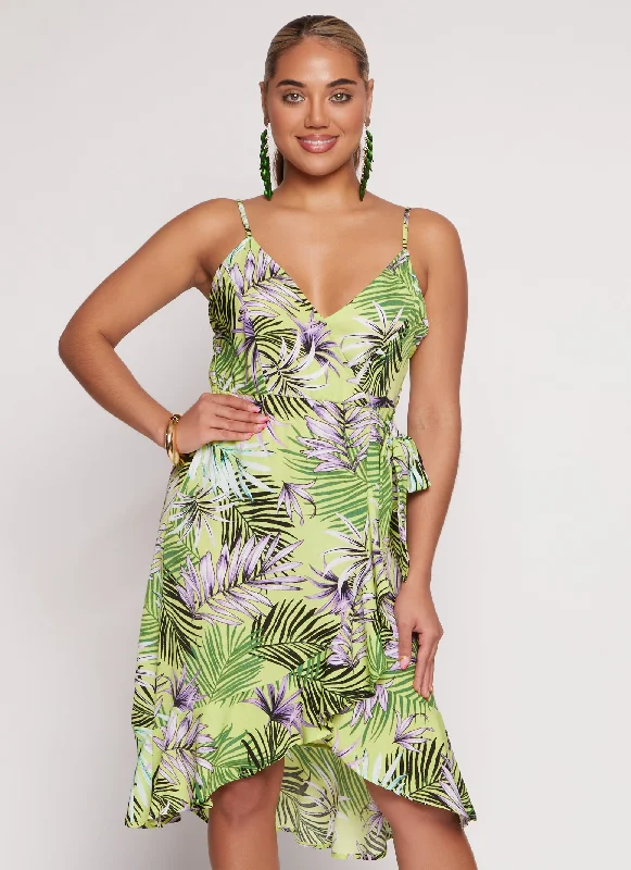 Minimal Comfort Tropical Print Faux Wrap Tulip Hem Dress