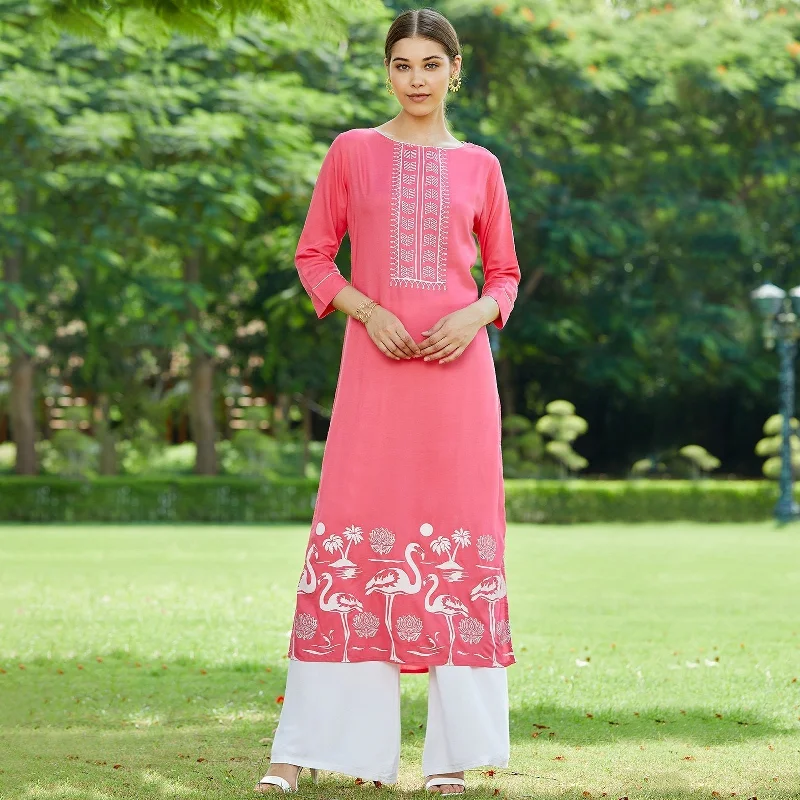 Basic Comfort Women's Pink Lotus Inspired Swan Printed Kurta - Pannkh
