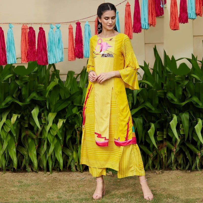 Urban Chic Women's Yellow Double Layered Flamingo Printed Kurta - Pannkh