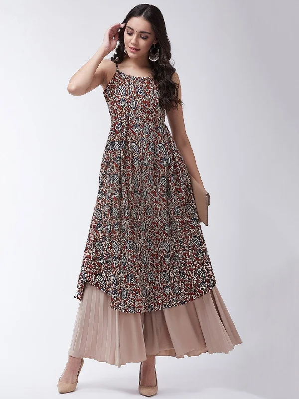 Chic Relaxation Women's Maroon Kalamkari Strappy Kurta - InWeave