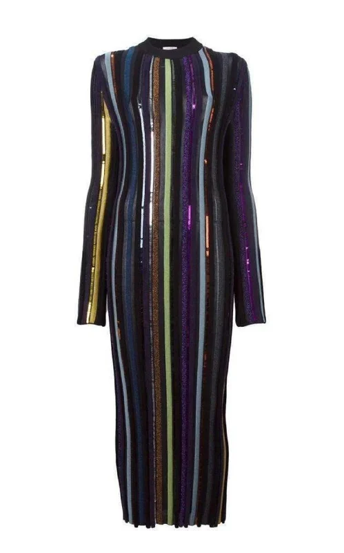 Stylish Ease Long Sleeve Sequin Embellished Knit Bayadere Dress