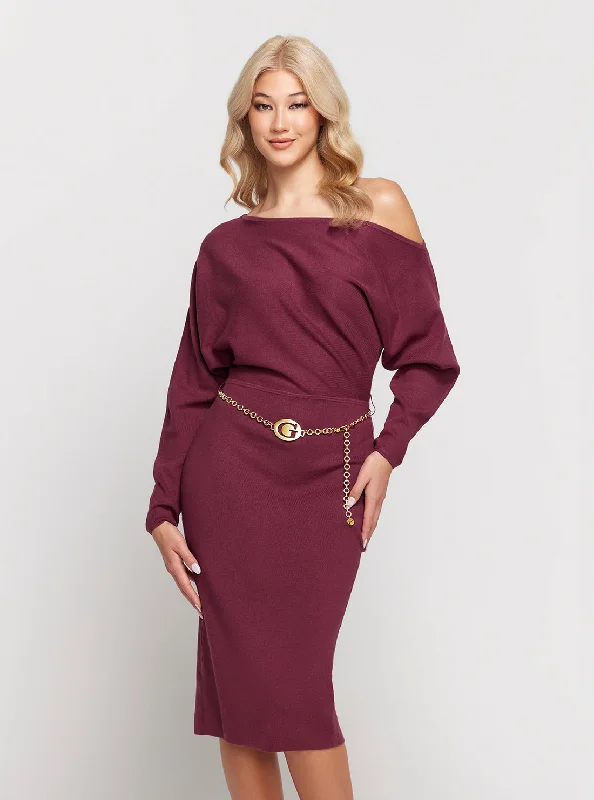Chic Lounge Dark Red Raven Long Sleeve Off Shoulder Midi Dress