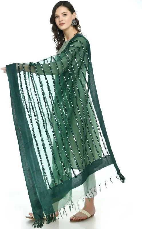 Simple Comfort Women's Orgenza Cotton Mirror Stripe Bottle Green Dupatta Mfd0042 - Moeza