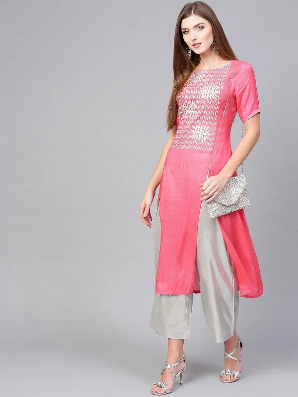 Relaxed Fit Women's Lotus Inspired Printed Double Slit Kurta - Pannkh