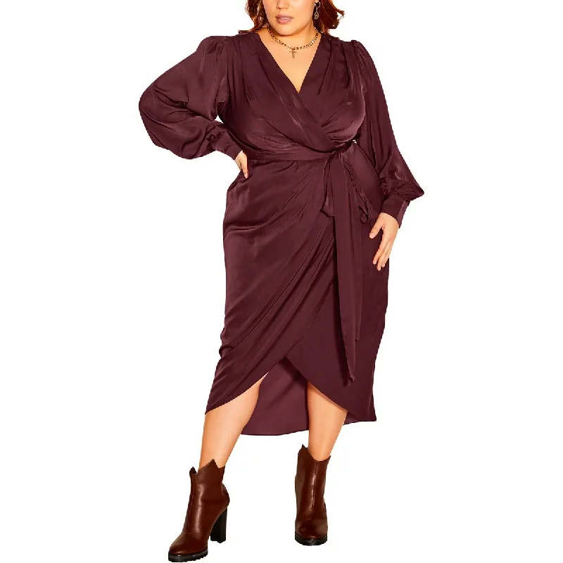 Cozy Sweaters City Chic Womens Plus Satin Long Sleeves Midi Dress