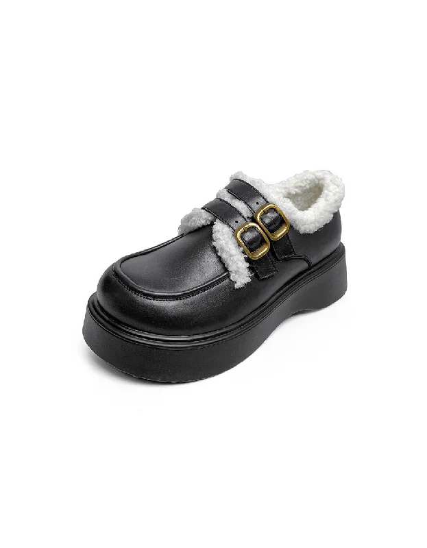 All-Day Running Shoes Double Buckle Round Toe Winter Loafers With Fur