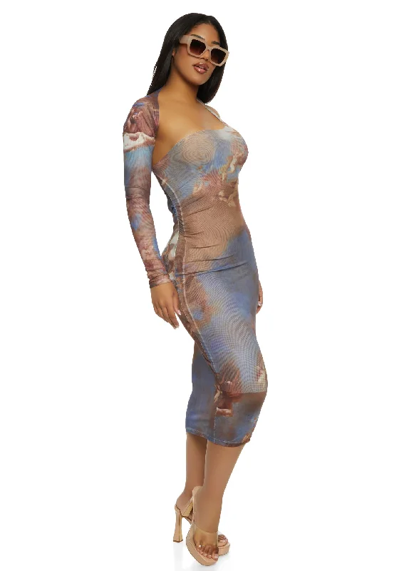 Sporty Elegance Printed Mesh One Shoulder Midi Dress