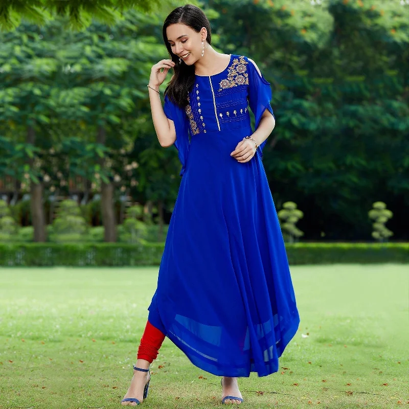 Luxe Comfort Women's Blue Embroidered Sheer Asymmetric Kurta - Pannkh