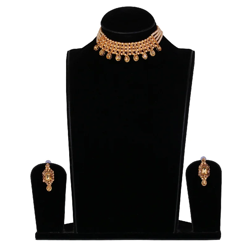 Luxe Comfort Women's Golden Plated Necklace With Stone And Pearl Studded   - Tehzeeb
