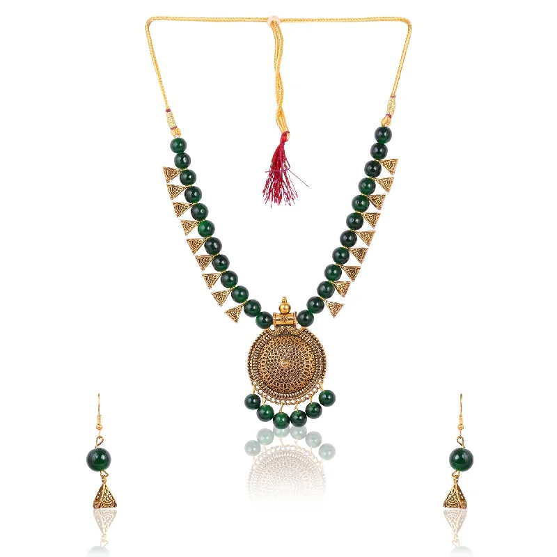 Casual Chic Women's Golden Plated Nacklace And Earrings With Green Pearls - Tehzeeb