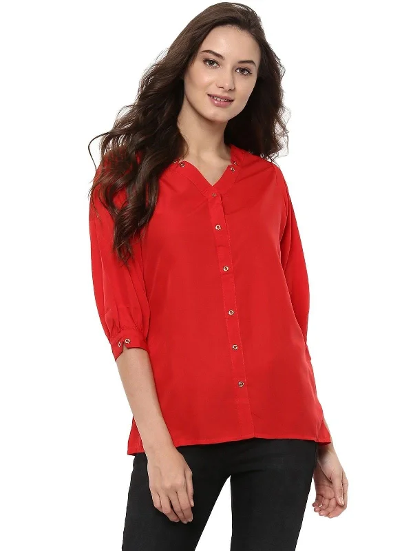 Summer Comfort Women's Red Shirt Top With Detailed Notch Designs - Pannkh
