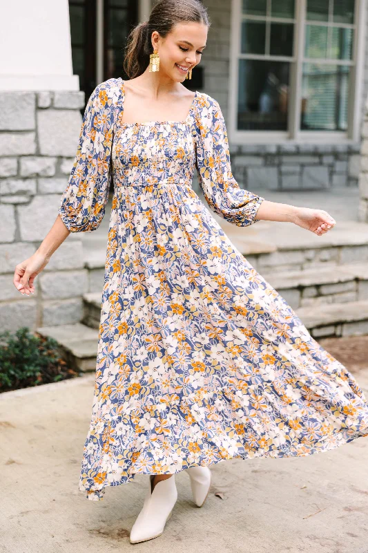 Trendy Comfort Feeling Connected Blue Floral Midi Dress