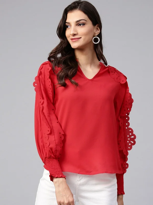 British Style Women's Solid Top With Laser Cut Sleeves - Pannkh
