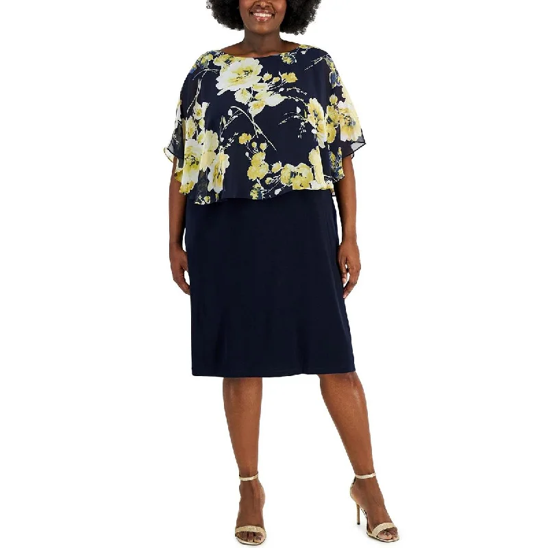 Simple Style Connected Apparel Womens Plus Cape Overlay Mid-Calf Midi Dress