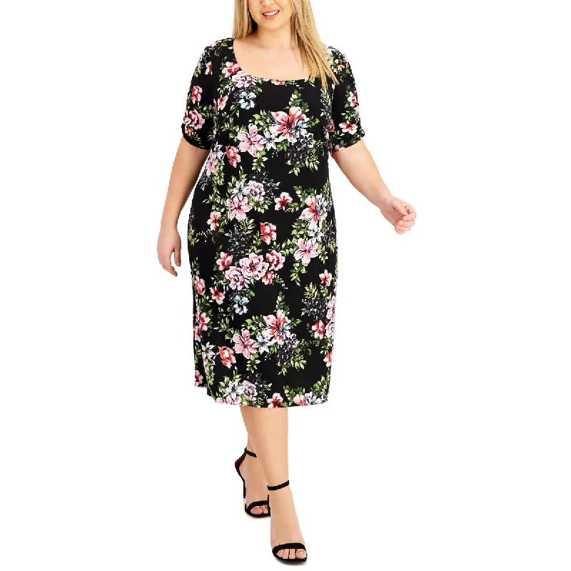Stylish Ease Connected Apparel Womens Plus Floral Scoop Neck Midi Dress