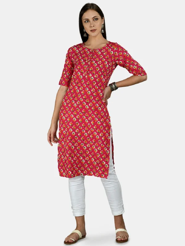 Energy Plan Women's Pink Cotton Printed Half Sleeve Round Neck Casual Kurta - Myshka