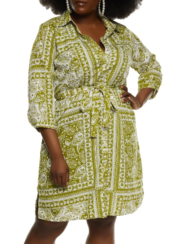 Everyday Comfort Plus Size Paisley Print Belted Shirt Dress