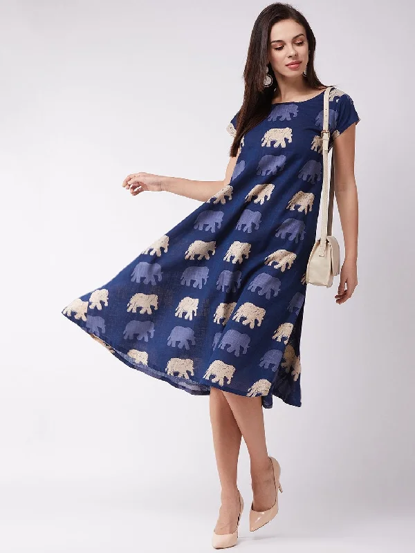 Comfy Pants Women's Blue Elephant Motif Midi Dress - InWeave