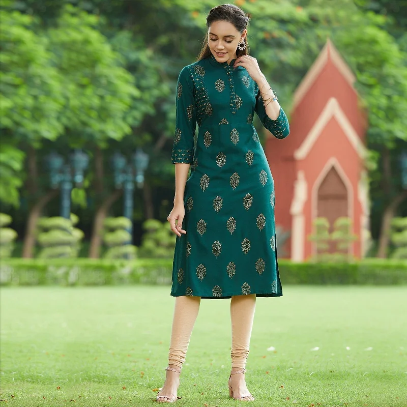 Easygoing Style Women's Green Golden Print Straight Kurta - Pannkh