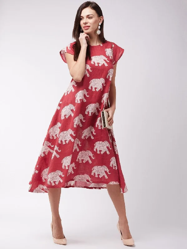 Smart Casuals Women's Red Elephant Print Dress - InWeave