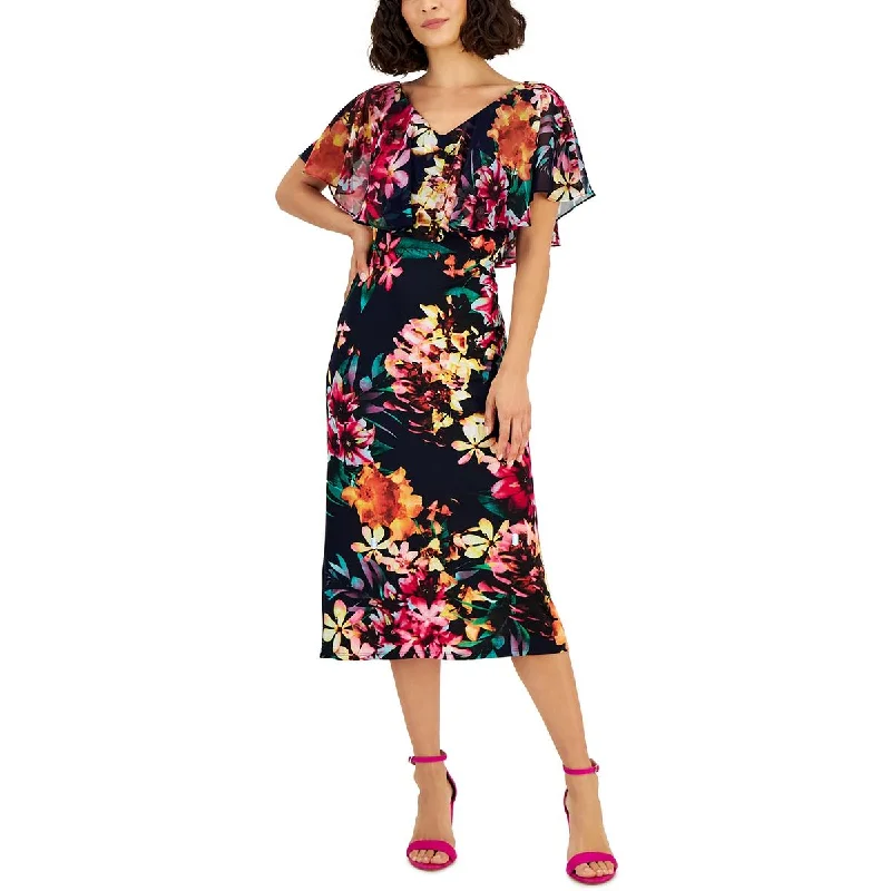 Chic Lounge Connected Apparel Womens Petites Popover Floral Print Midi Dress