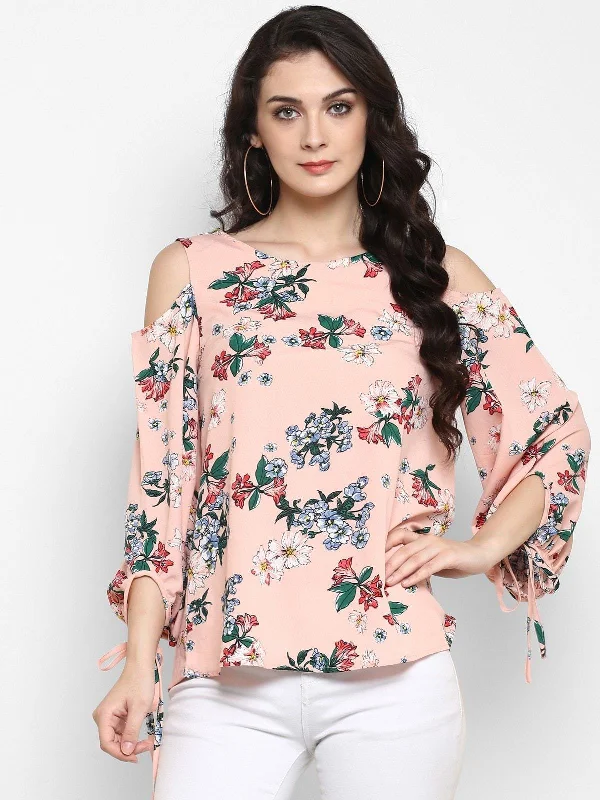 Relaxed Wear Women's Peach Floral Cold Shoulder Top With Tie-up At Sleeves - Pannkh