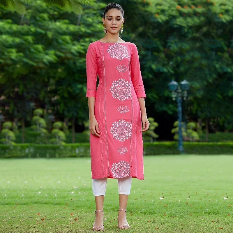 Effortless Comfort Women's Pink Lotus Inspired Printed Panelled Kurta - Pannkh