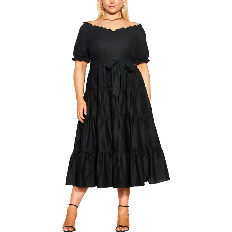 Comfy Chic City Chic Womens Plus Linen Blend Tiered Midi Dress