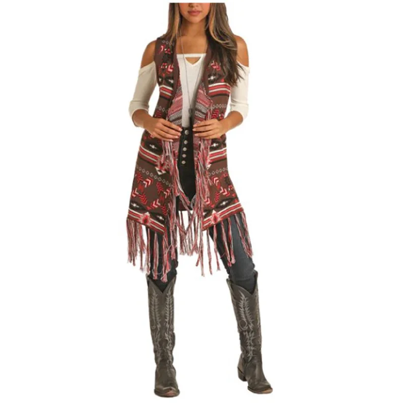 Modern Comfort Powder River Outfitters Ladies Aztec Jacquard Fringe Vest