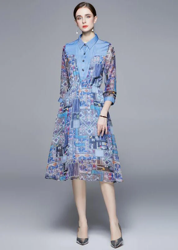 Stylish Ease Handmade Blue Peter Pan Collar Denim Patchwork Print Chiffon Dress Long Sleeve