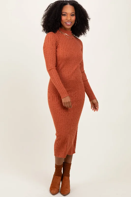 Comfortable Dresses Rust Mock Neck Ribbed Sweater Dress