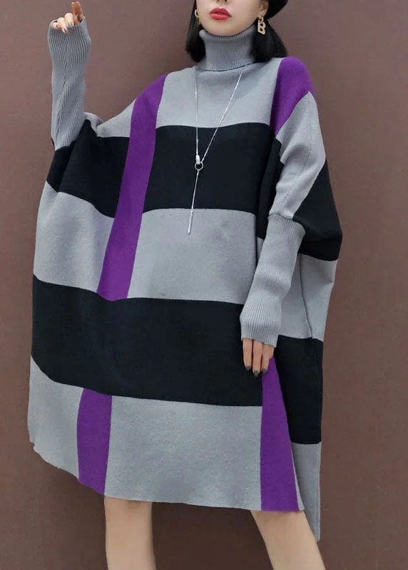 Cozy Shirts Loose Grey black Striped Knit Dress Long Sleeve