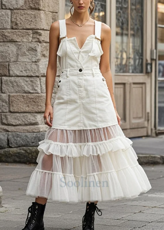 Smart Comfort Unique White Ruffled Patchwork Tulle Denim Dress Summer