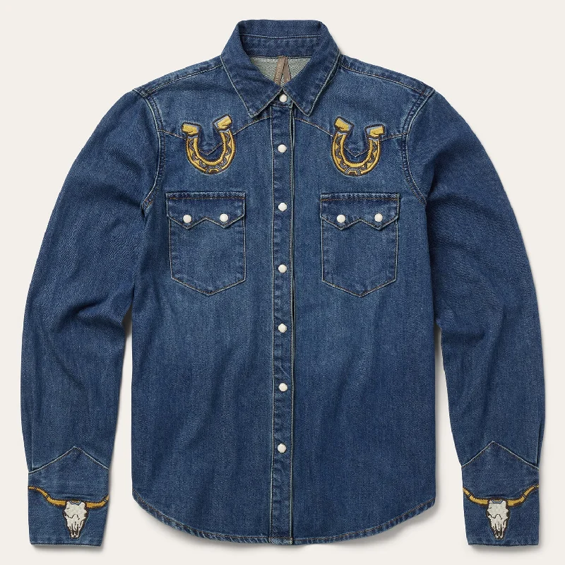 Fashionable Items Embroidered Dark Denim Western Shirt