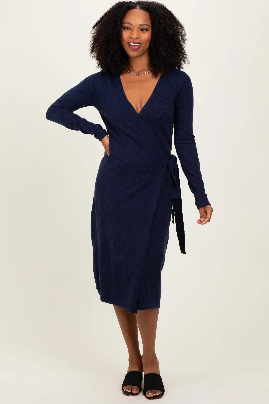 Soft Comfort Navy Blue Knit Long Sleeve Wrap Midi Dress