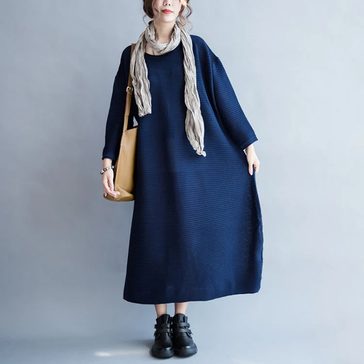 Cozy Chic blue casual warm knit dresses oversize o neck sweater dress