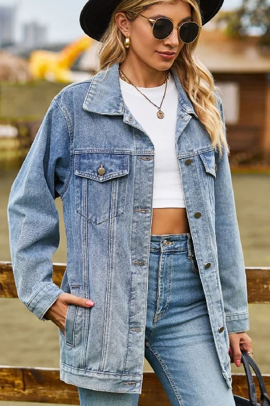 Weekend Wear Buttoned Collared Neck Denim Jacket with Pockets