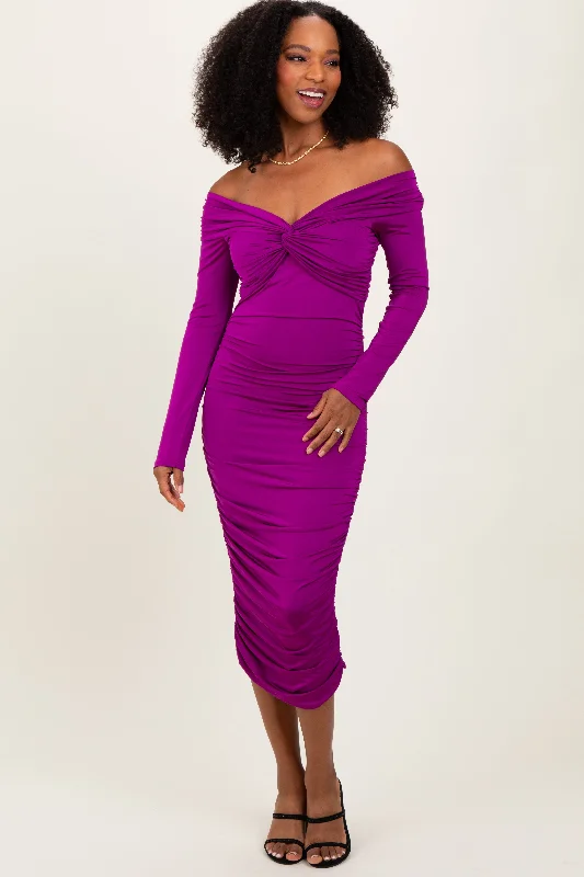 Cozy Chic Purple Off Shoulder Ruched Long Sleeve Midi Dress